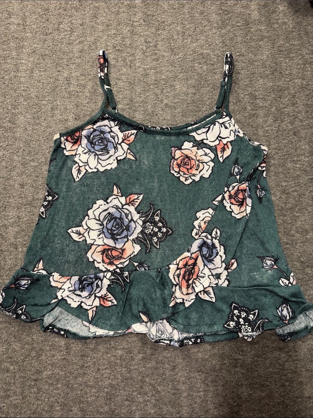 Maurices Teal Floral Ruffle-Hem Camisole